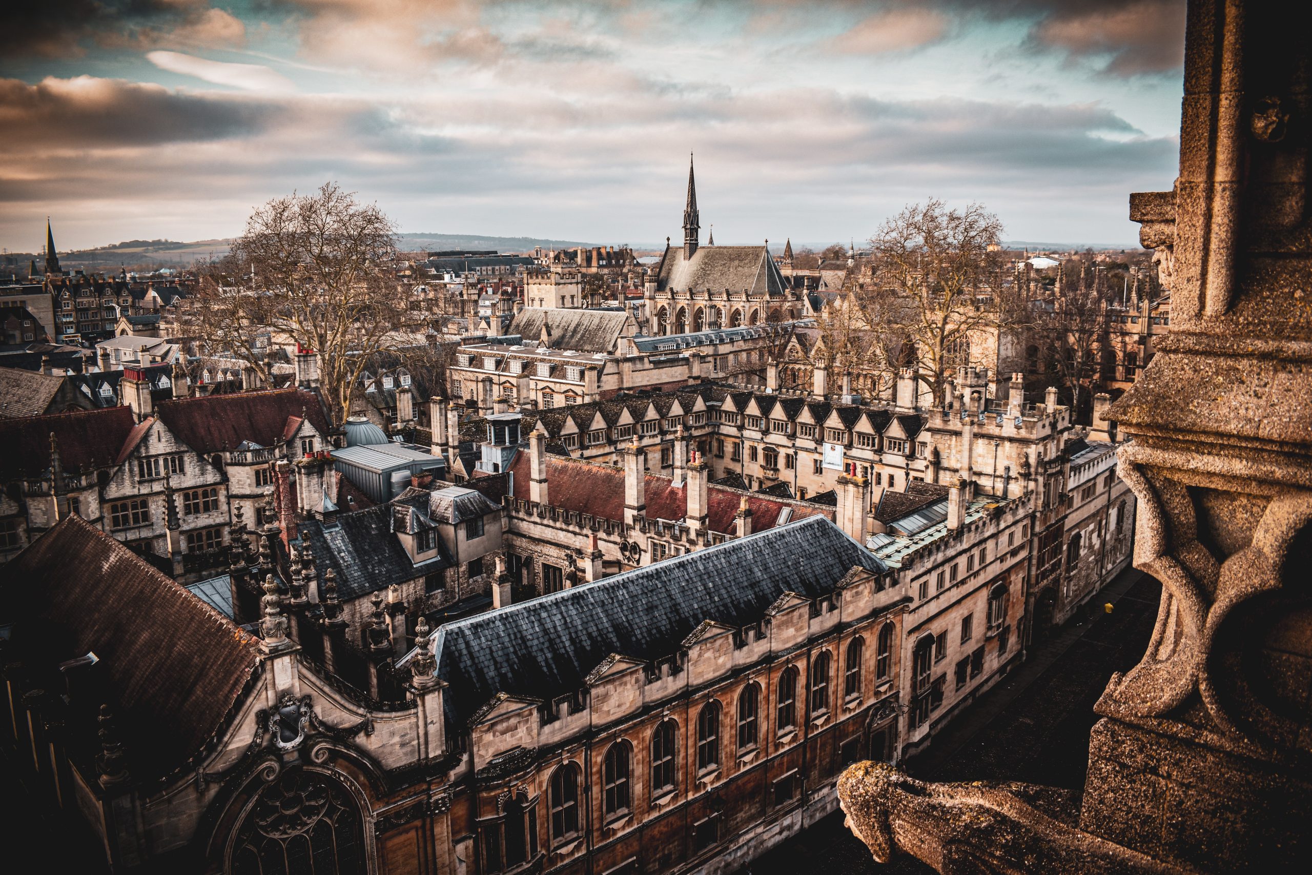 View from the University Church of St Mary the Virgin, opposite the Radcliffe Camera in Oxford. Bird's eye view of the city of dreaming spires.